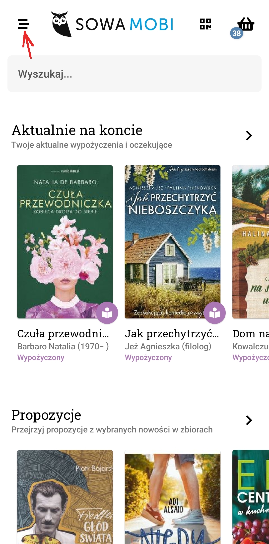 Strona główna aplikacji Sowa Mobi