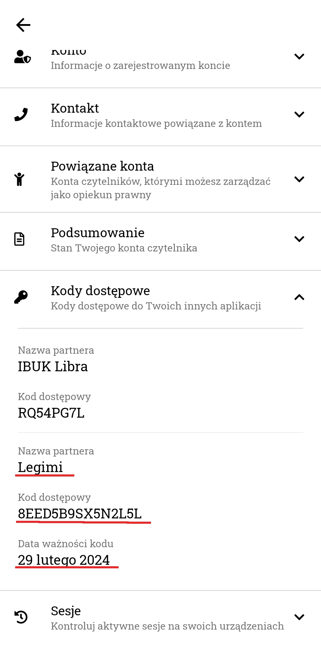 Kody dostępowe na koncie czytelnika w aplikacji Sowa Mobi