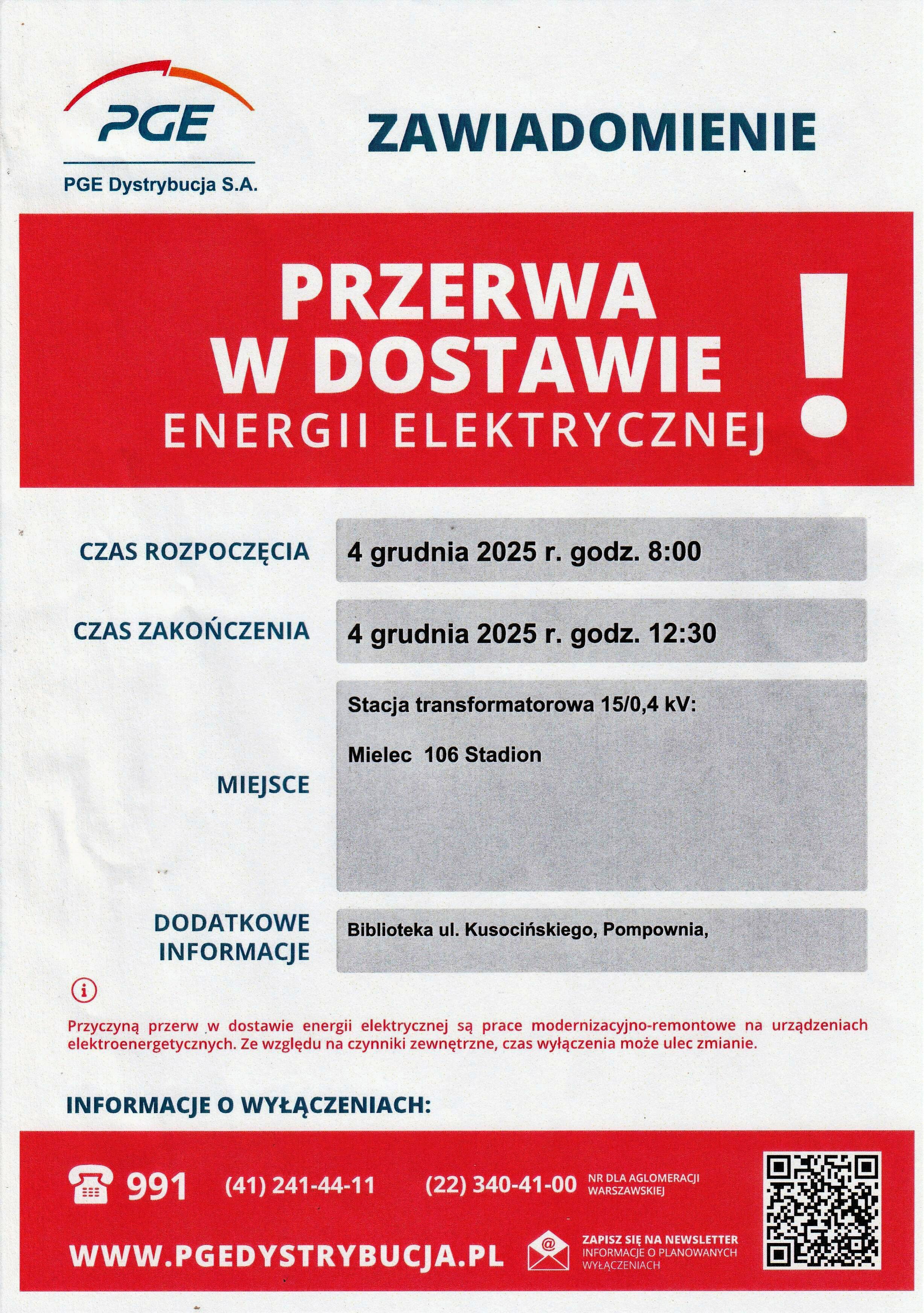 Zawiadomienie o przerwie w dostawie prądu 